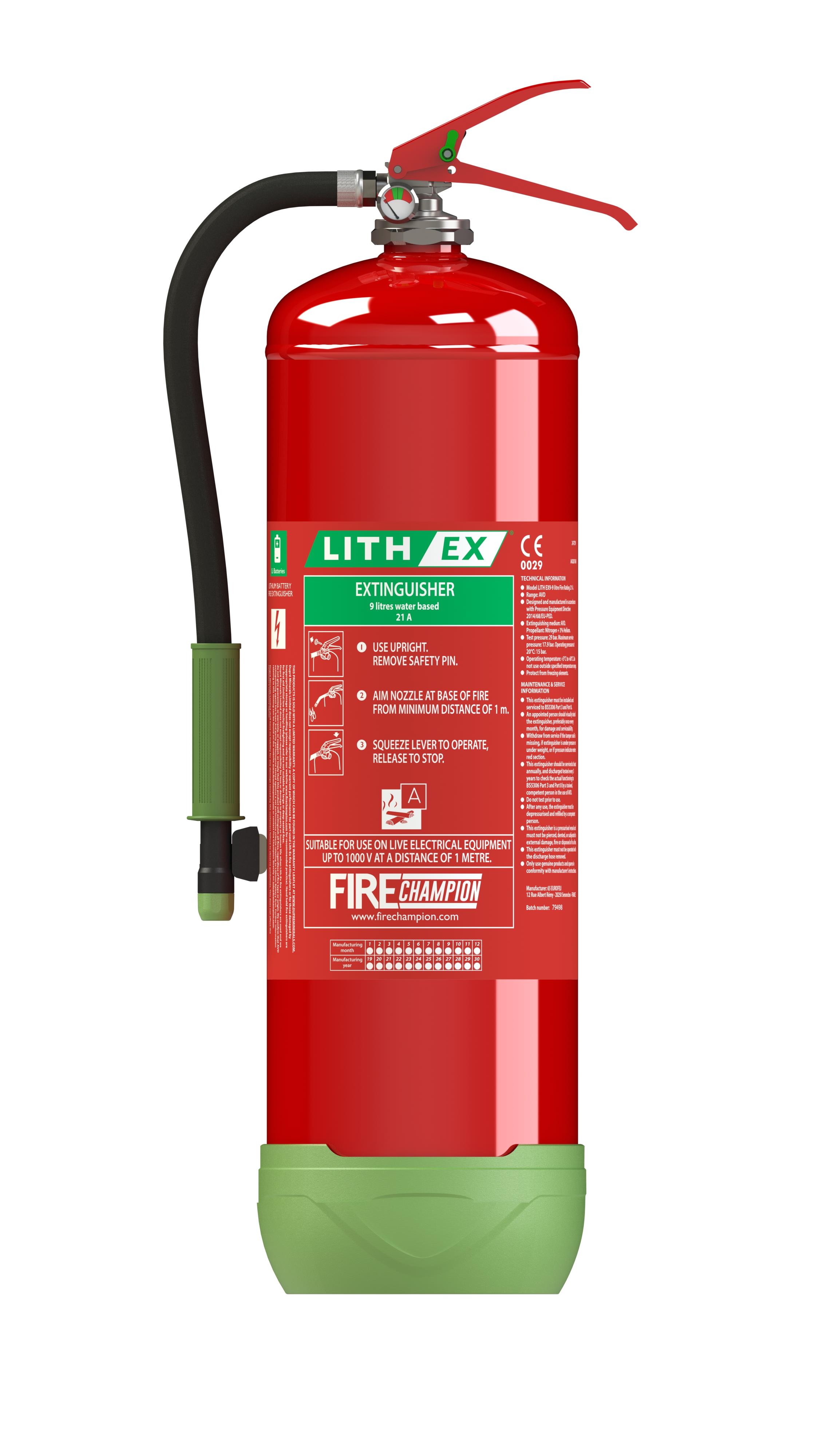 9 l LithEX AVD-Feuerlöscher für 500-750 Wh Li-Ion-Akku & A-Brände